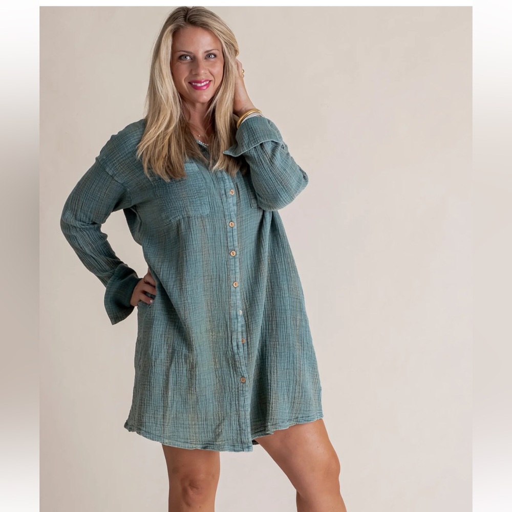 Easel Cotton Gauze Mineral Washed Shirt Dress L
